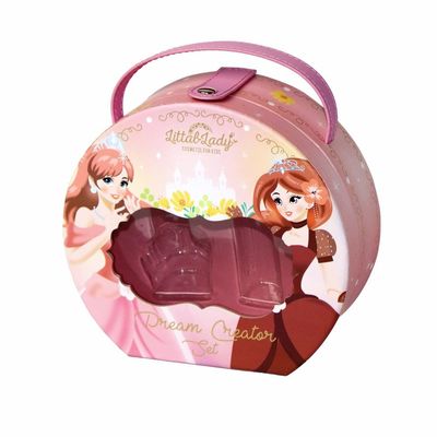 PU 손잡이에 둥근 분홍색 스냅 마감 생일 선물 메이크업 상자