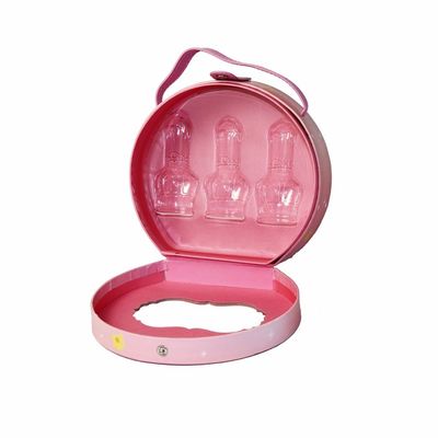 PU 손잡이에 둥근 분홍색 스냅 마감 생일 선물 메이크업 상자